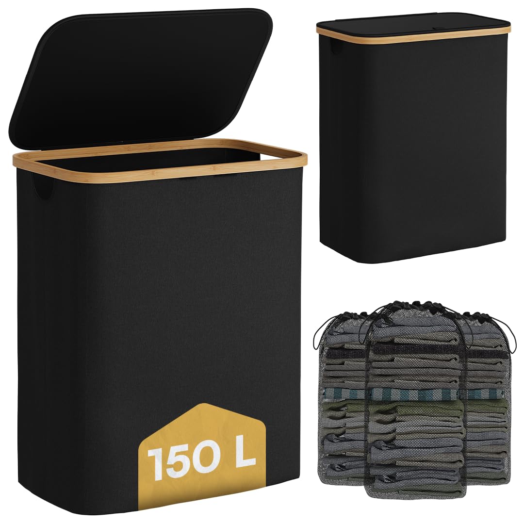 Bellamio Tolt Wäschekorb 3 Fächer schwarz – Wäschesammler 150 L mit Deckel – Wäschesammelbox aus Oxf