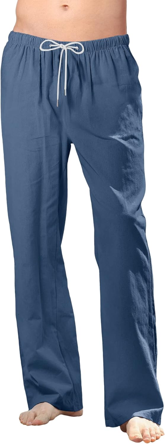 CTU Herren-Leinenhose, lässig, leicht, elastisch, Sommer, Strand, lockere Hose, Grösse S-3XL S Blau,