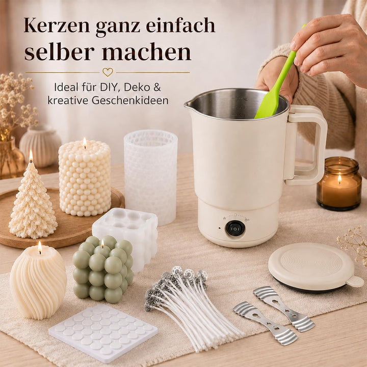 GARMEE Elektrischer Wachsschmelzer 800ML Kerzen Selber Machen Set mit 4 Kerzenformen Silikon, Wachss