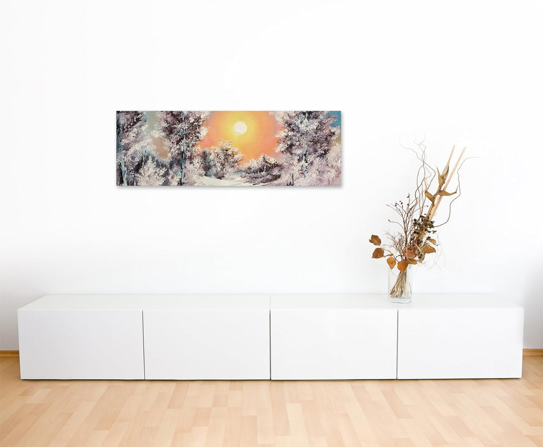 Sinus Art Wandbild 150x50cm Malerische Winterlandschaft am See auf Leinwand für Wohnzimmer, Büro, Sc
