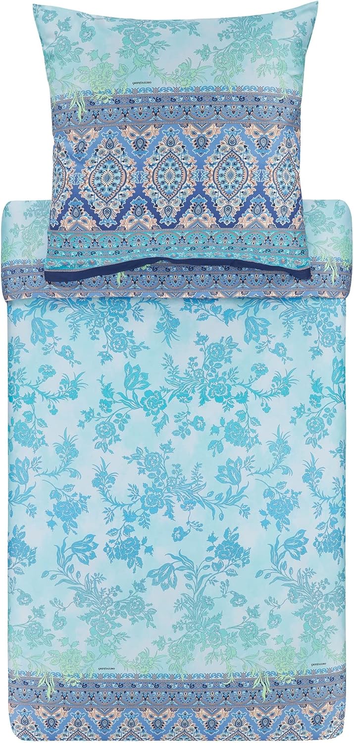 Bassetti AGRIGENTO Bettwäsche + 2 Kissenhüllen aus 100% Baumwollsatin in der Farbe Blau B1, Masse: 2