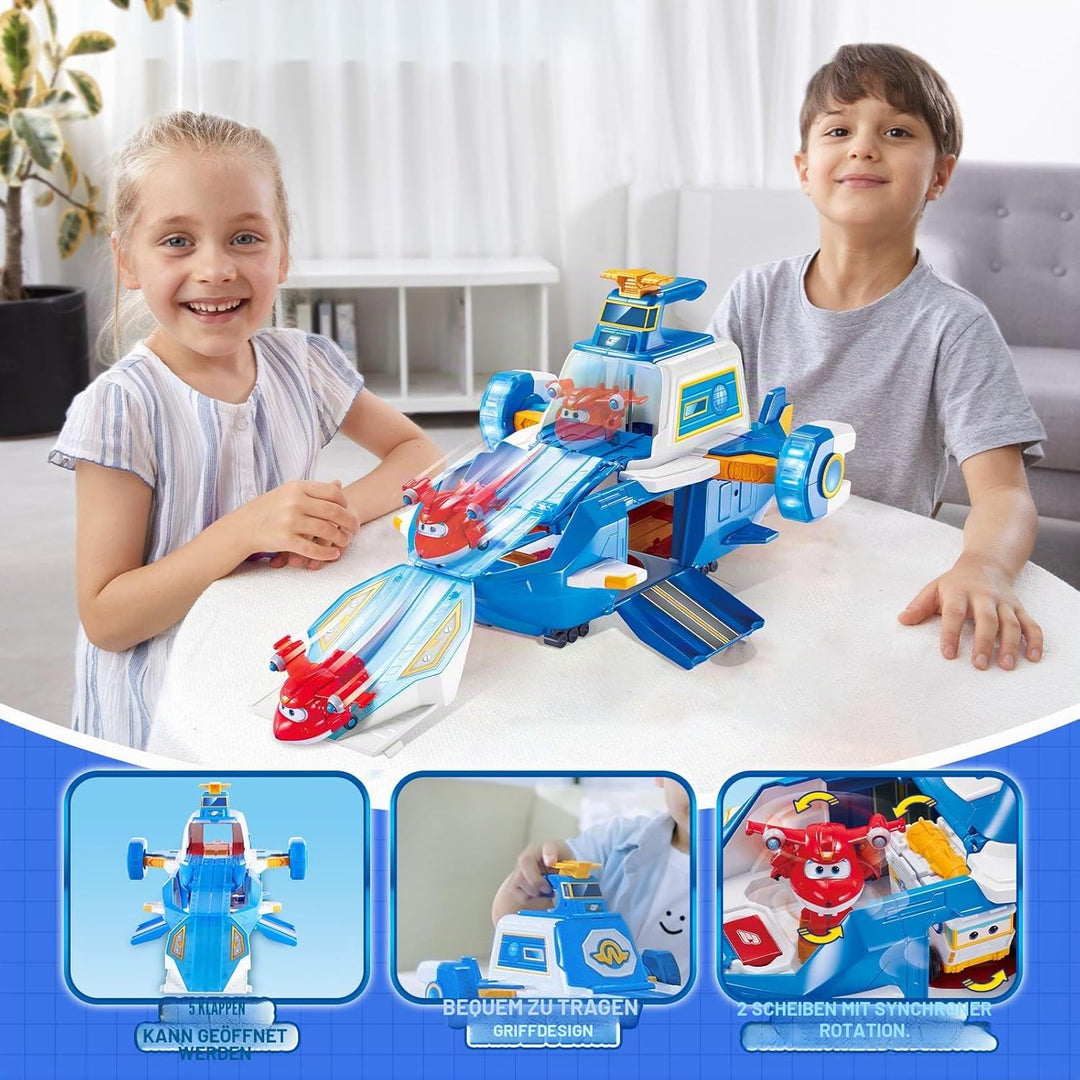 Super Wings Spielset Airport World Aircraft + 2 Spielflugzeug- und Transform-a-Bots-Figuren aus Staf