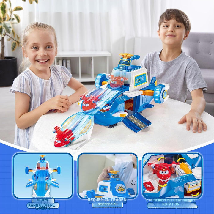 Super Wings Spielset Airport World Aircraft + 2 Spielflugzeug- und Transform-a-Bots-Figuren aus Staf