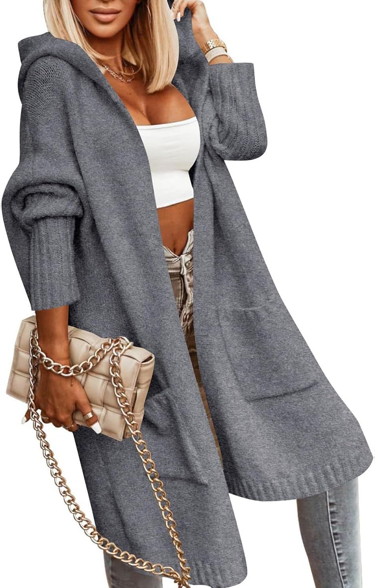 Tongmingyun Strickjacke Damen Lang Cardigan mit Kapuze Winter Grobstrickjacke Casual Lose Strickmant