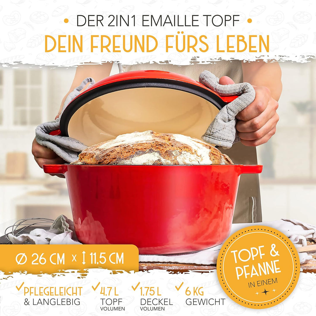 KRUSTENZAUBER Gusseisen Topf Brot Backen [inkl. Gärkorb] - Hochwertiger Emaille Topf 26cm - Idealer
