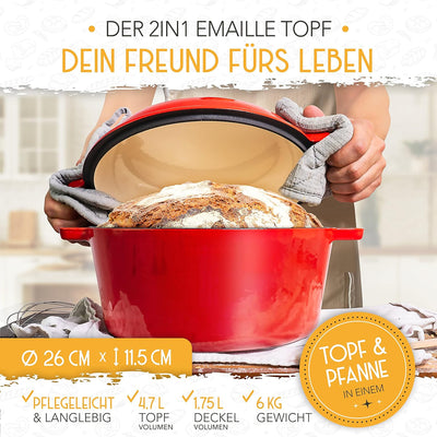 KRUSTENZAUBER Gusseisen Topf Brot Backen [inkl. Gärkorb] - Hochwertiger Emaille Topf 26cm - Idealer