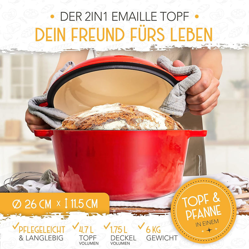 KRUSTENZAUBER Gusseisen Topf Brot Backen [inkl. Gärkorb] - Hochwertiger Emaille Topf 26cm - Idealer