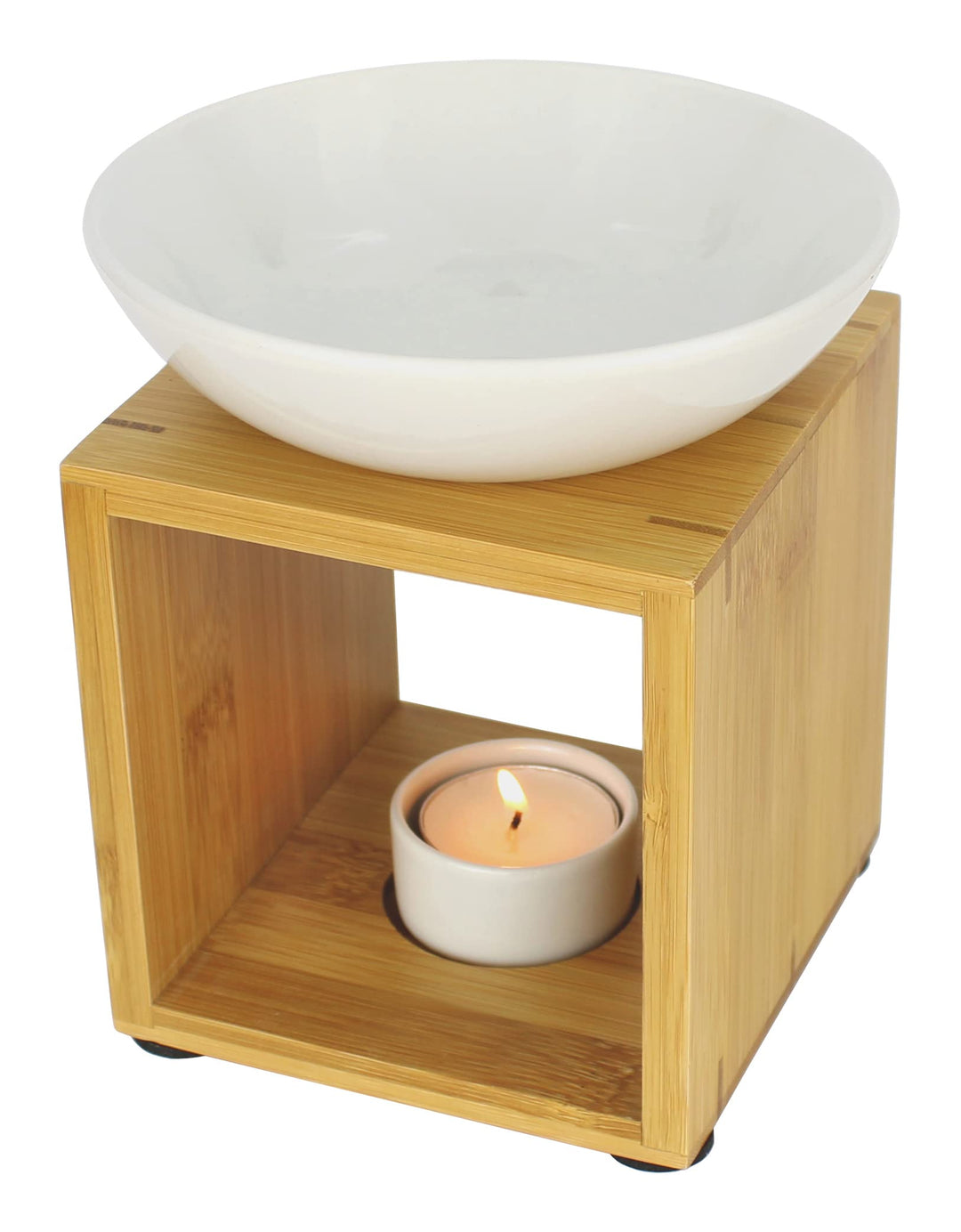 Bitto Duftlampe Malmö Weiss mit Kerze, grosse Schale, Fair Trade, Aromalampe aus Bambusholz und Kera