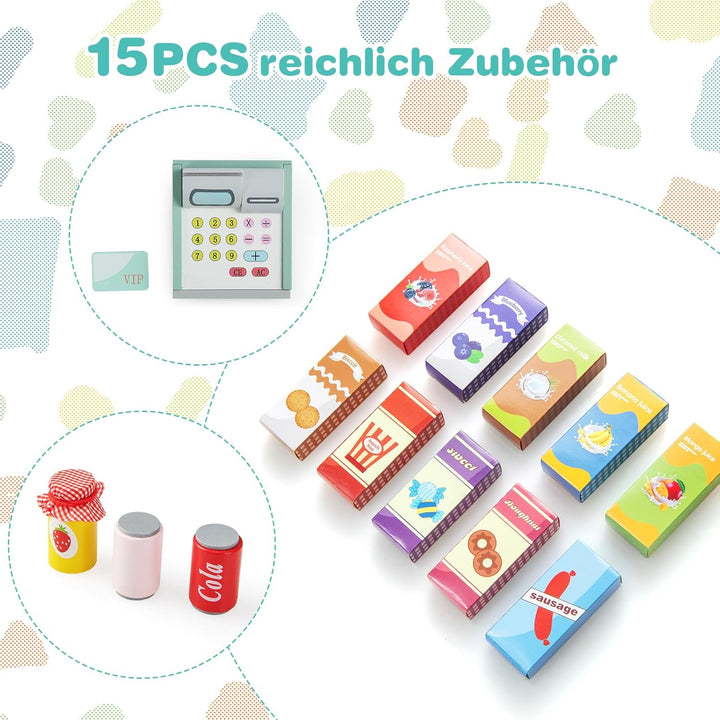 COSTWAY Kinder Kaufladen, Kaufmannsladen aus Holz mit Seitentheke, Supermarkt-Set mit Kasse, POS-Mas