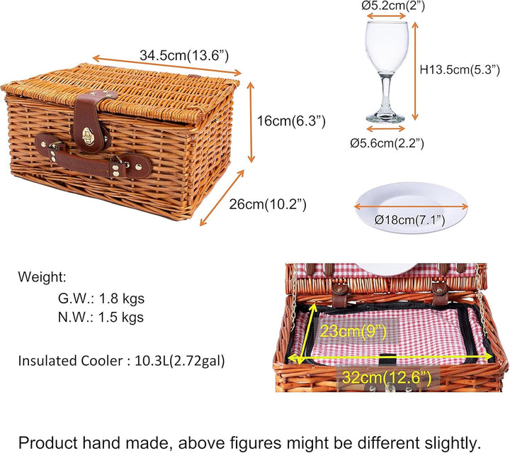 2er-Set Handgefertigtes Picknickkorb für 2 Personen mit Kühlfach und Zubehör + wasserdichte Picknick