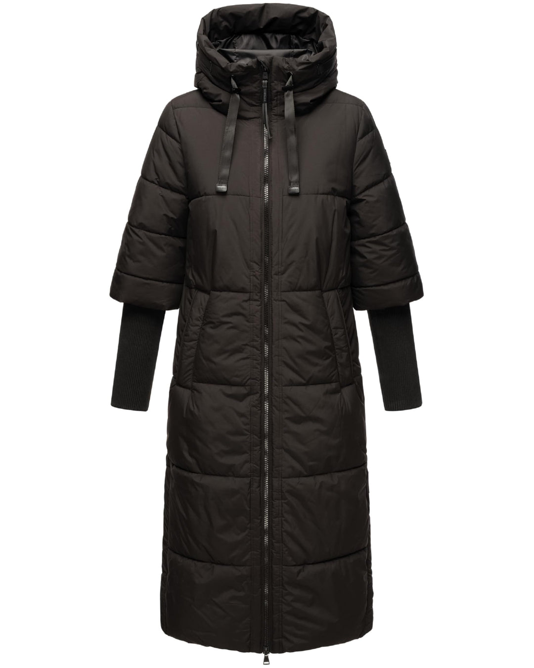 Navahoo Damen Wintermantel warmer Steppmantel lang mit Kapuze und Rippstrickärmeln Ciao Miau XIV XS-