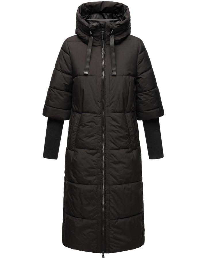 Navahoo Damen Wintermantel warmer Steppmantel lang mit Kapuze und Rippstrickärmeln Ciao Miau XIV XS-