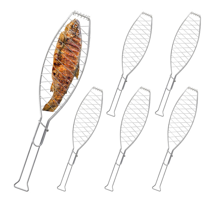 Relaxdays Fischbräter 6er Set, Edelstahl, mit Griff, 54 cm lang, Fischhalter zum Grillen, Grillgutha