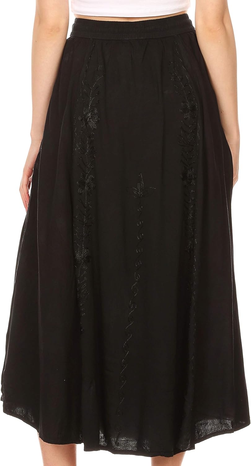 Sakkas Maran Frauen Boho Stickerei Rock mit elastischer Taille und Taschen Einheitsgrösse Schwarz, E