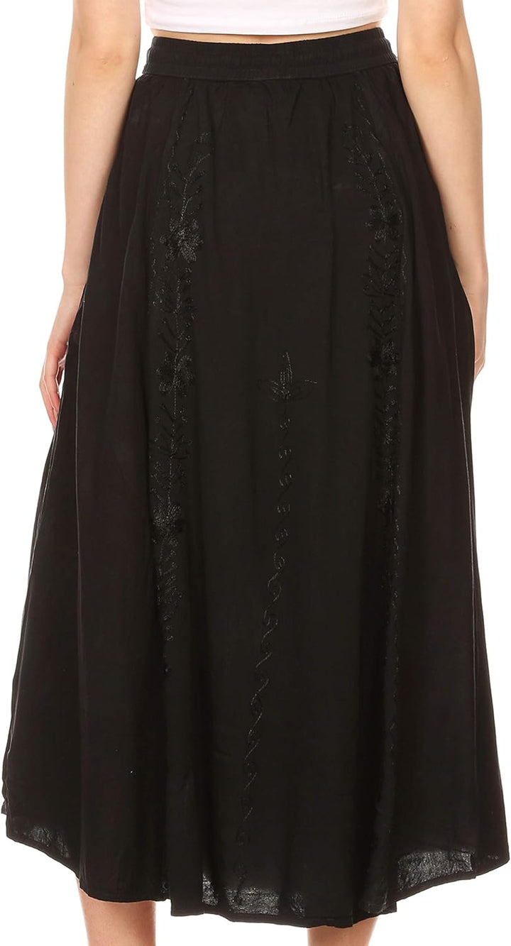 Sakkas Maran Frauen Boho Stickerei Rock mit elastischer Taille und Taschen Einheitsgrösse Schwarz, E