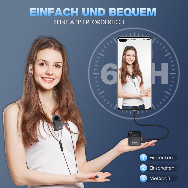 Lavalier Mikrofon Kabellos für iPhone/USB C Handy - Mini Wireless Bluetooth Ansteckmikrofon mit Echt