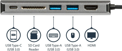 StarTech.com USB C Multiport Adapter mit 4K HDMI - USB-C Reisedock mit 4K HDMI, 3x USB 3.0 Hub, SD/S