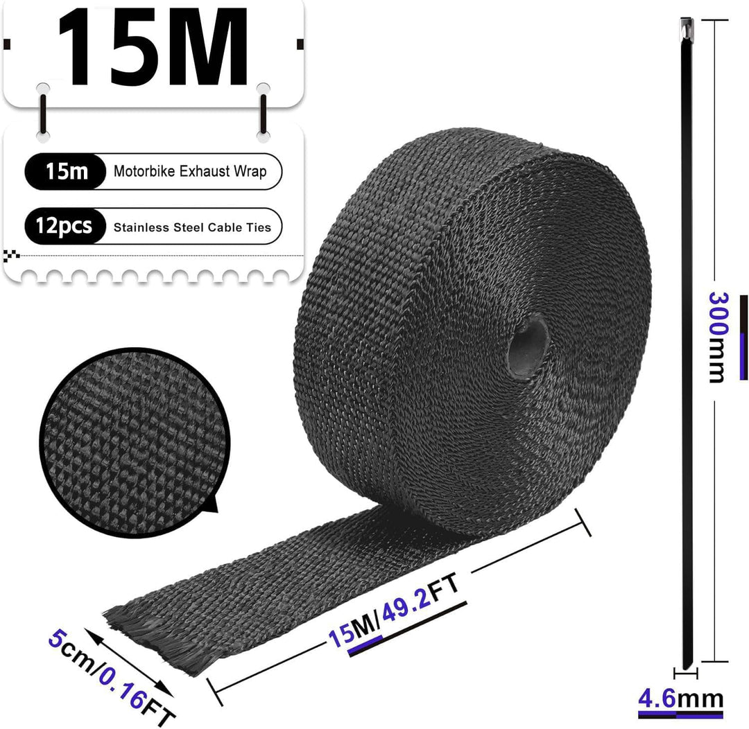 Foneso Hitzeschutzband Schwarz, 15M Hitzeschutzband Auspuff mit 12 Schwarz Edelstahl Kabelbinder, fü