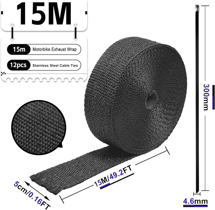 Foneso Hitzeschutzband Schwarz, 15M Hitzeschutzband Auspuff mit 12 Schwarz Edelstahl Kabelbinder, fü