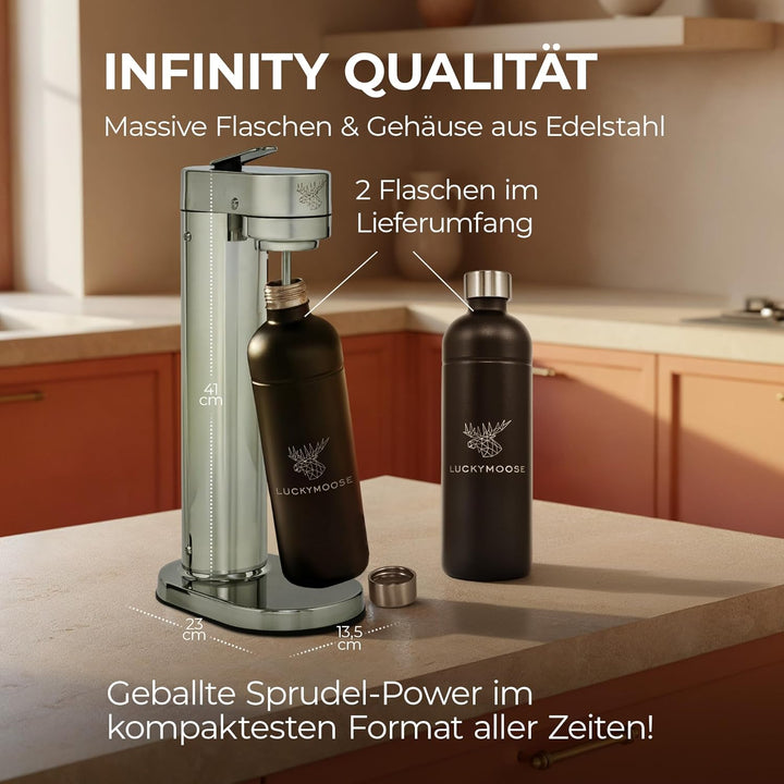 Luckymoose Infinity-S Wassersprudler aus hochwertigem Edelstahl (Silver/Black) – inkl. 2x 1,25L Edel