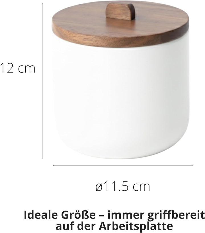 Salztopf Keramik CURVE - Luftdichte Salzdose mit Deckel aus Akazienholz. Grosse Öffnung, Ideal als S