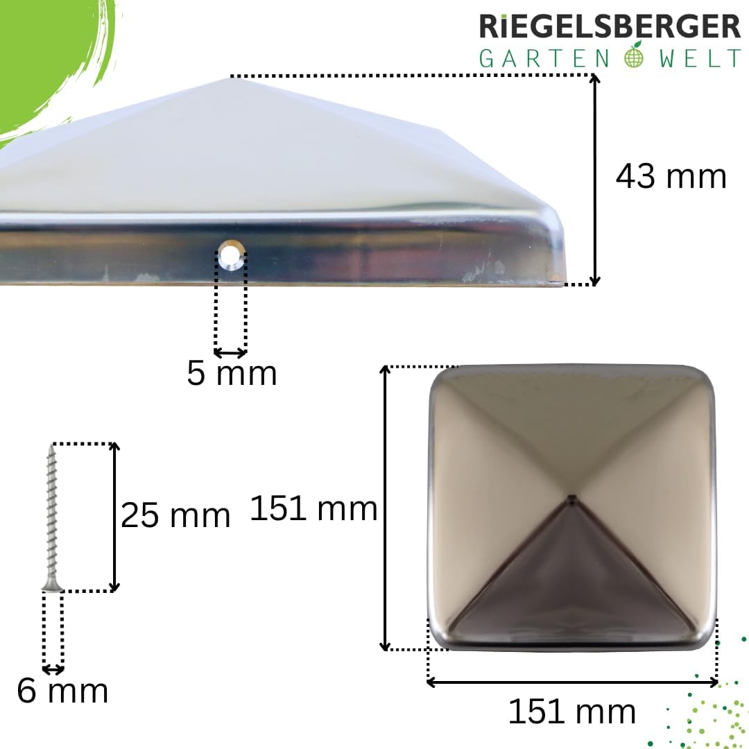 Premium Pfostenkappe 151x151 mm aus Edelstahl für Pfosten 15x15 cm Pyramide Zaunkappe Abdeckkappe 25