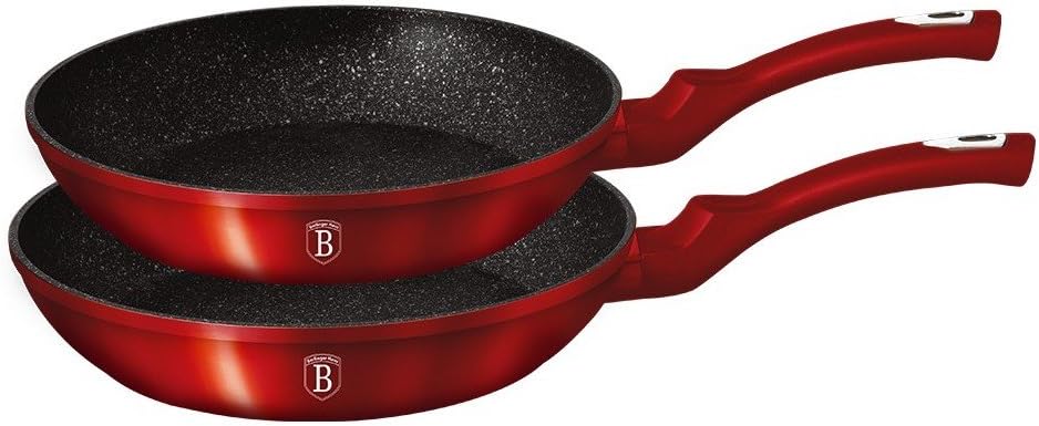 Set mit 2 Pfannen, Rot, Metall, Marmor-Beschichtung, Aluminium, Turbo Induktion