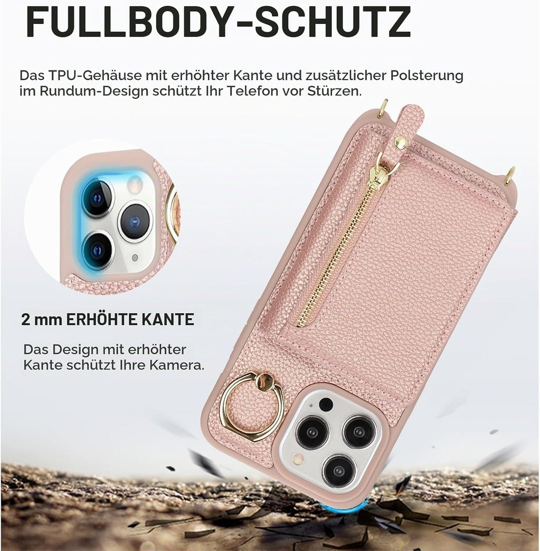 ELTEKER Handyhülle für iPhone 12 Pro Max Hülle mit Band Kartenfach Handykette Ringhalterung Geldbörs