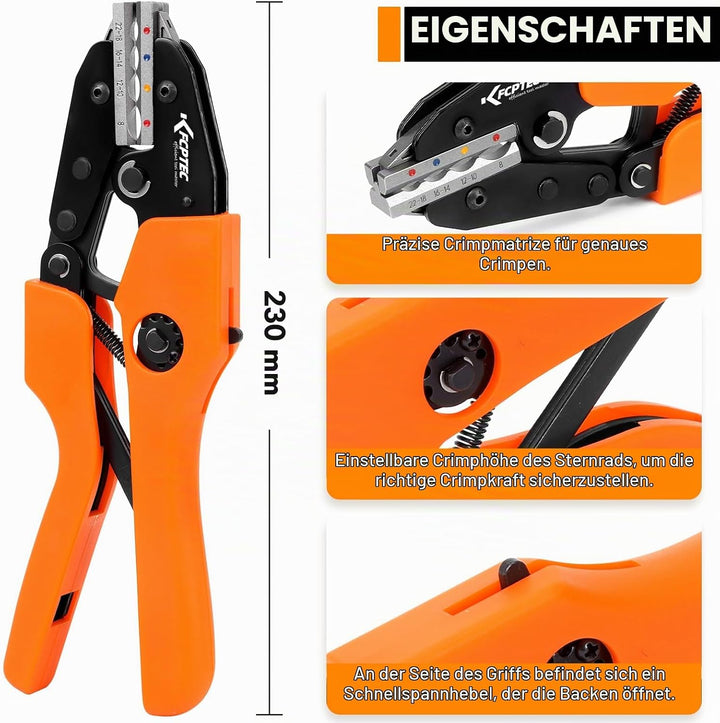 KF CPTEC Crimpzange für Schrumpfverbinder 0,5-8,0 mm² (AWG 22-8) – Krimperzange Kabelschuhe mit Rats