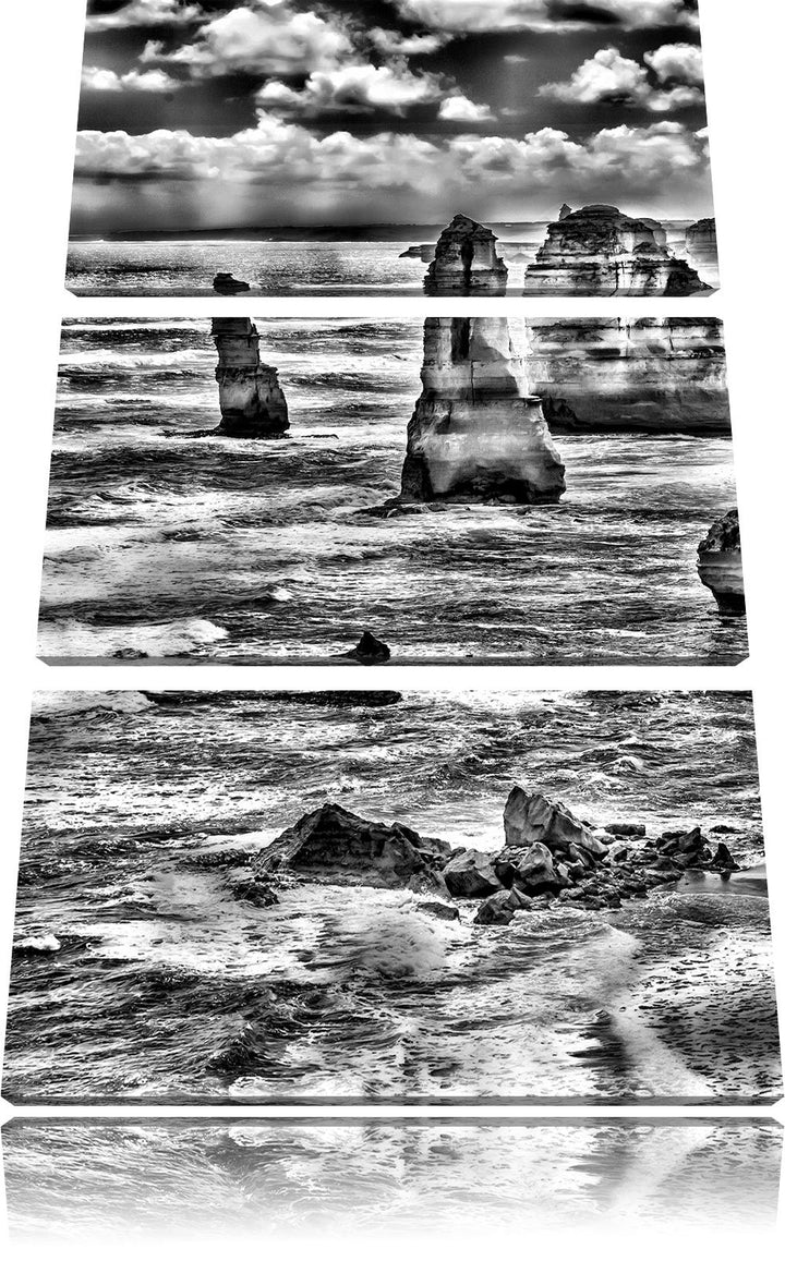 Pixxprint Monocrome, Meer klippe küste Sonnenaufgang Steine Strand 3-Teiler Leinwandbild 120x80 Bild
