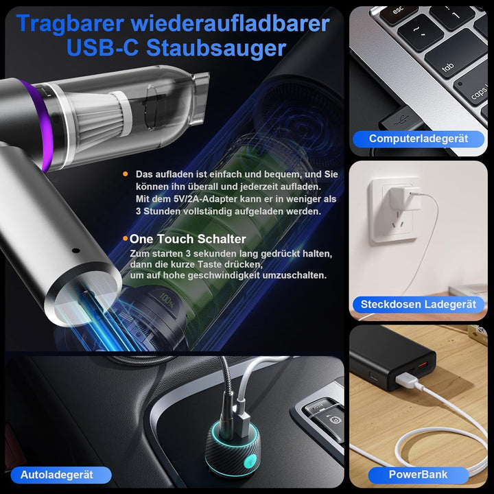 Handstaubsauger, 26000Pa Mini Akku Staubsauger Kabellos 4-In-1 Autostaubsauger 6000mAh 3-Gang Elektr