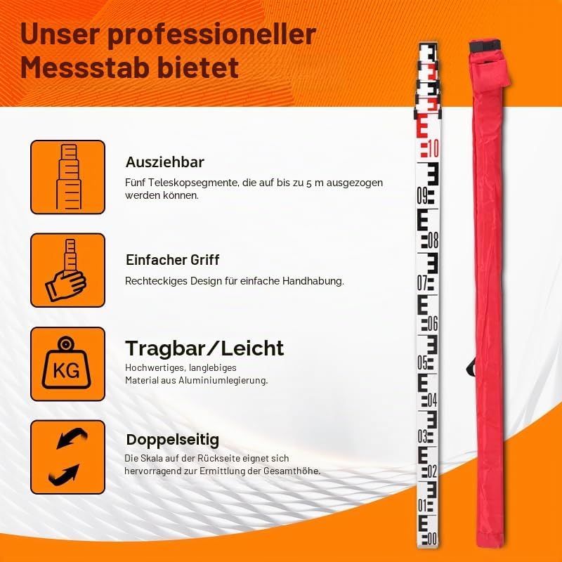 Nivellier Messlatte, Aluminium Nivellierlatte, Teleskop Nivellierlatte, 5m Länge in 5 Segmenten, cm/