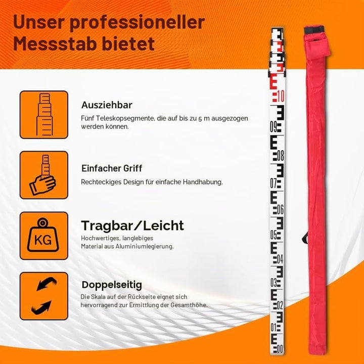Nivellier Messlatte, Aluminium Nivellierlatte, Teleskop Nivellierlatte, 5m Länge in 5 Segmenten, cm/