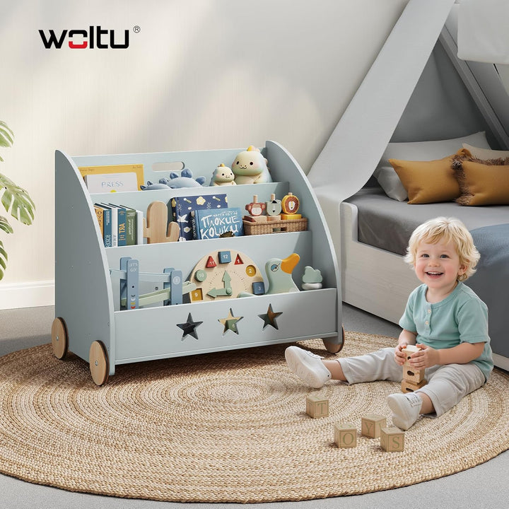 WOLTU Kinderregal Bücherregal für Kinder, Spielzeugregal mit Räder 3 Regale, Holz Standregal Kinderz