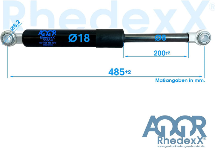 RhedexX® Gasdruckfeder Gelenkkopf 485mm/200mm/300N - Gasdruckdämpfer Gasfeder Gelenkauge mit M6 Gewi
