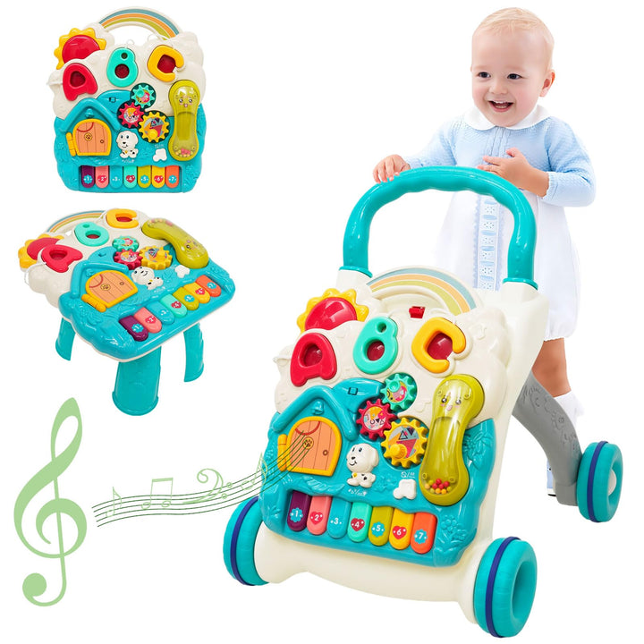 Lernlaufhilfe für Kleinkinder Blauer Kinderlaufwagen mit Rollen, Musik und Lichtern Multifunktionale