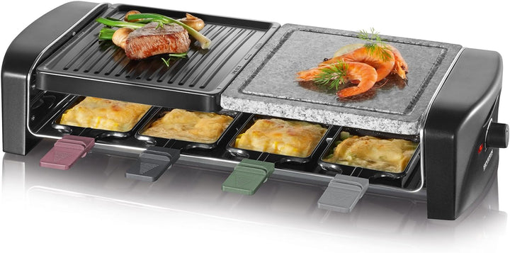 SEVERIN Raclette-Grill mit Naturgrillstein und Gussplatt, ca. 1.400 W, Inkl. 8 Pfännchen, RG