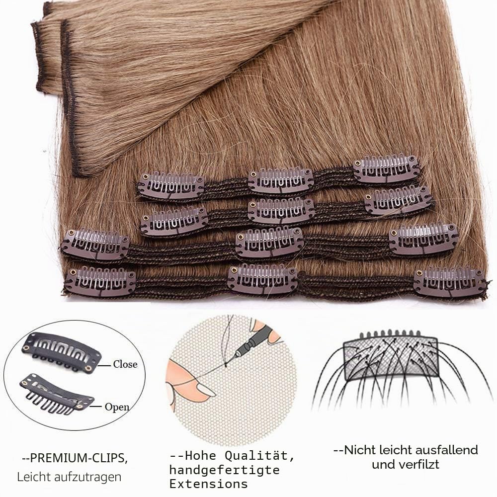 SEGO Clip in Extensions Echthaar Haarverlängerung Haarteil Doppelt 8 Tressen hitzebeständig glatt He