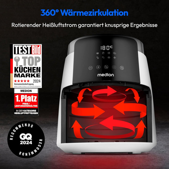 MEDION P40 L Heissluftfritteuse (4,7 Liter, Airfryer, 1500 Watt, einfache Bedienung, ölfreies Fritti