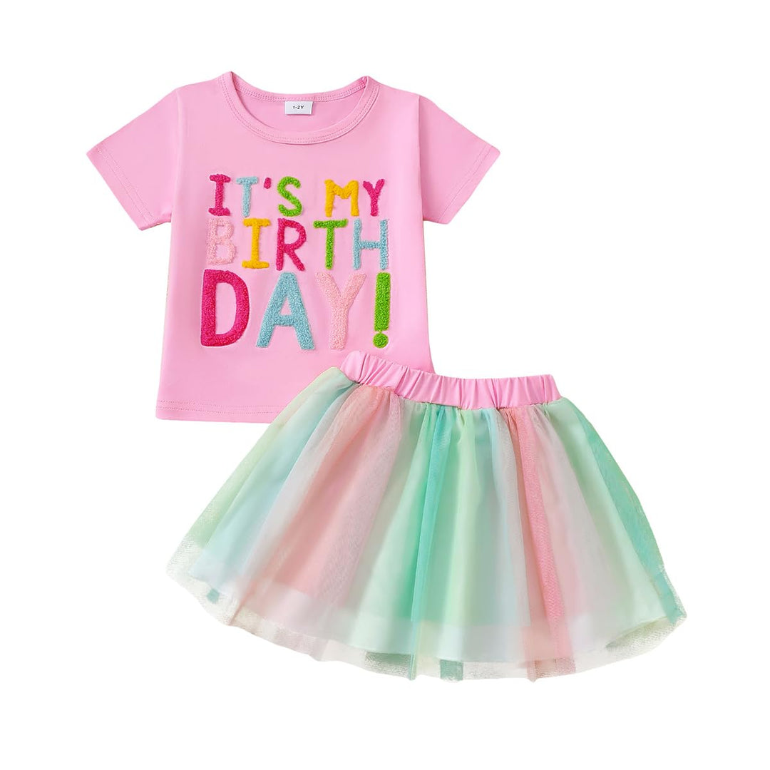 Kleinkind Baby Mädchen Geburtstag Outfit Birthday Girl Buchstabenstickerei T-Shirt Tutu Tüllrock Set