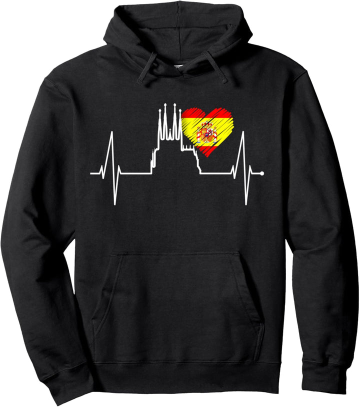 Barcelona Skyline Herzschlag Spanien Flagge Sagrada Familia Pullover Hoodie