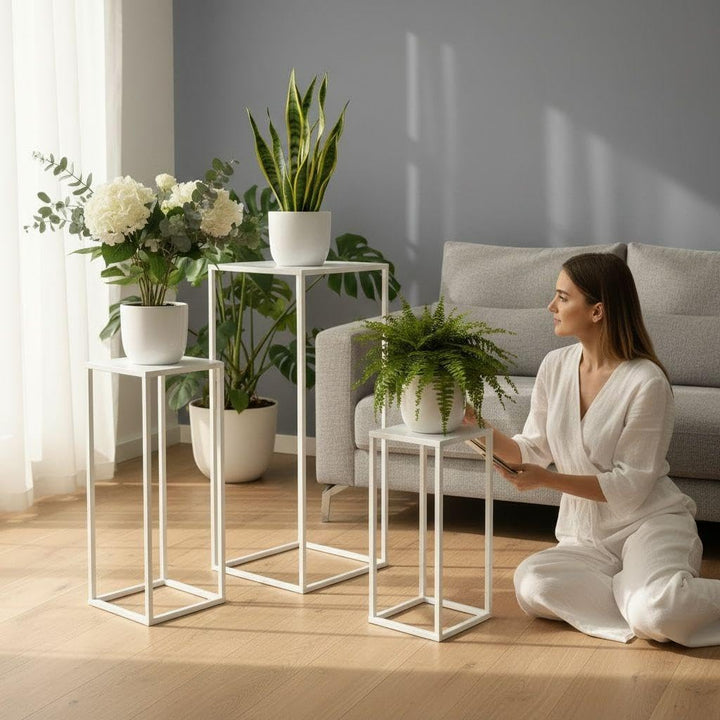 DanDiBo Blumenhocker Metall Weiss Eckig Blumenständer Beistelltisch 96482 3er Set Blumensäule Modern