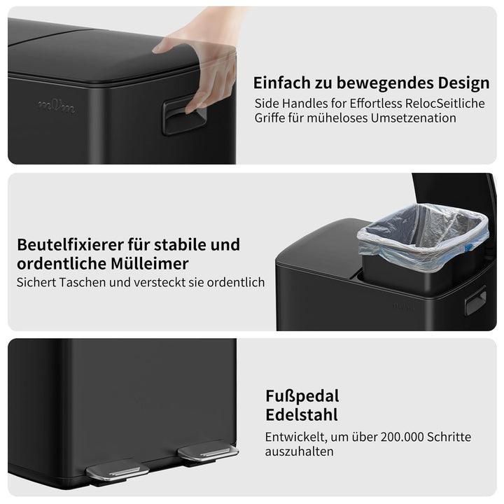 mVm Mülleimer Küche,40 Liter Treteimer,2x20L Doppelter Abfalleimer 2er-Mülleimer Mülltrennung mit In