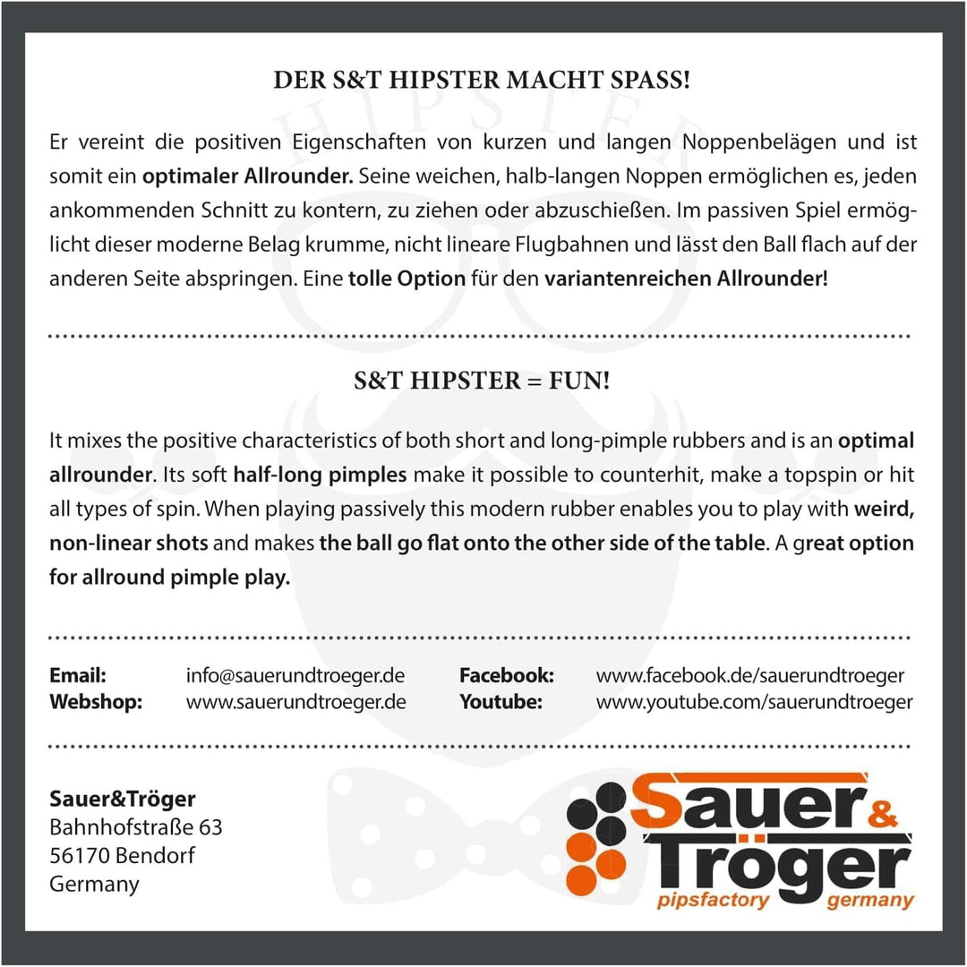 Sauer &Tröger Tischtennis Belag Halb Lange Noppe | Hipster | Rot, Schwarz | 1,1 1,5 1,9 Rot 1,9 mm,