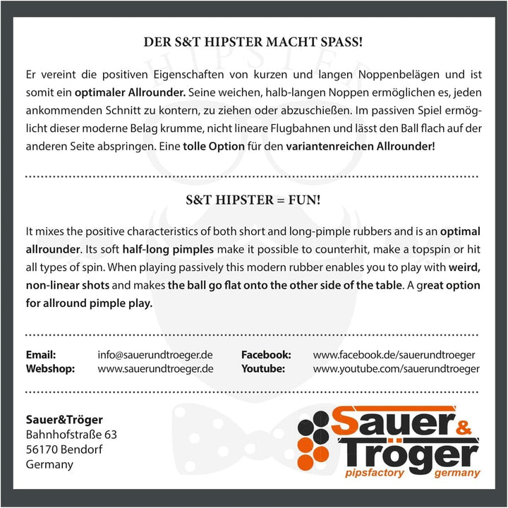 Sauer &Tröger Tischtennis Belag Halb Lange Noppe | Hipster | Rot, Schwarz | 1,1 1,5 1,9 Rot 1,9 mm,