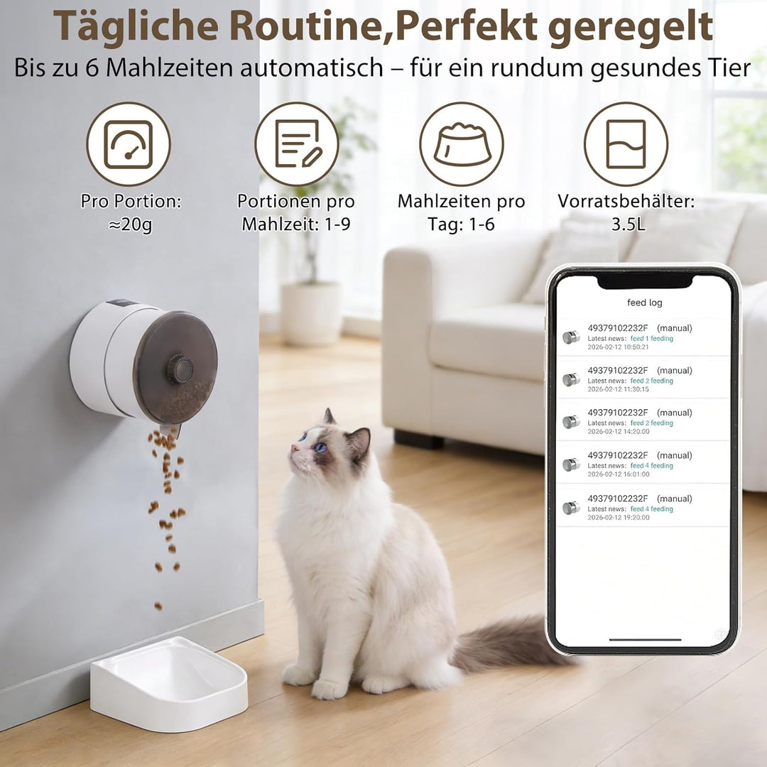 Futterautomat Katze 3.5L,Automatischer Futterspender mit 2.4G WiFi Timer für Trockenfutter,1-6 Mahlz