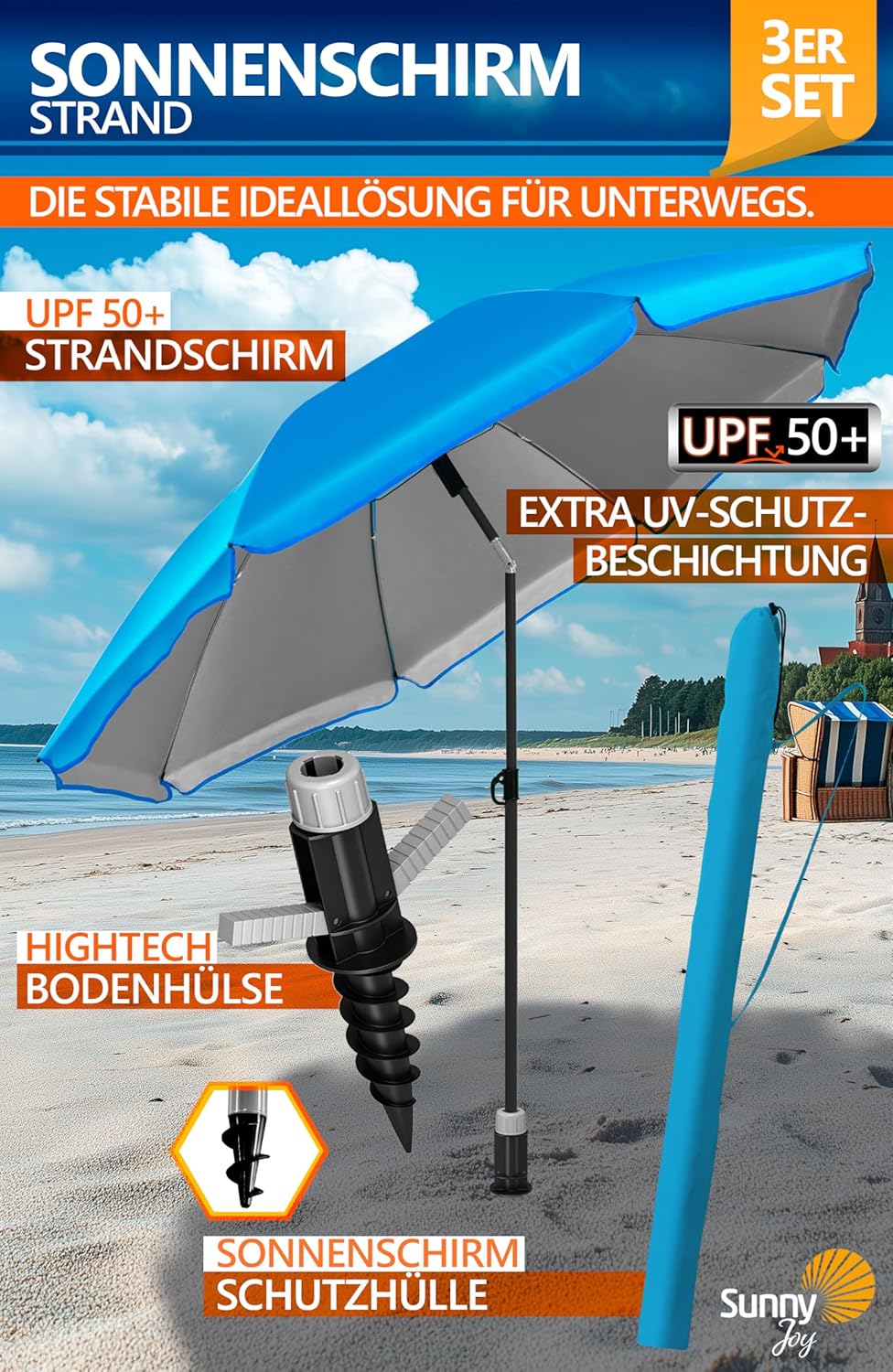 4smile Sonnenschirm Strand SET mit Bodenhülse, Ø 200 cm, Blau | UPF 50+ Strandschirm + Sonnenschirm