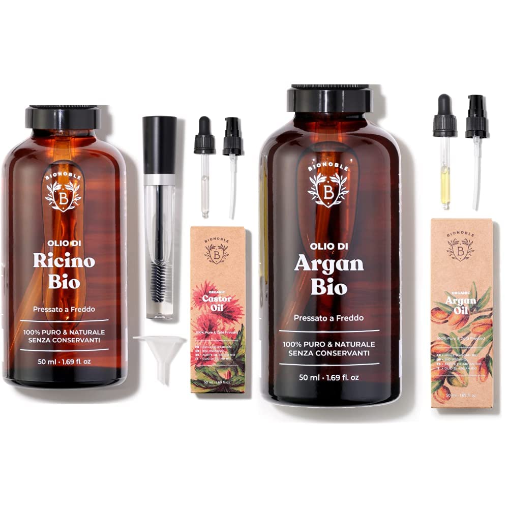 Bionoble Rizinusöl Bio 50ml & Arganöl Bio 50ml - 100% Rein, Natürlich und Kaltgepresst - Gesicht, Kö