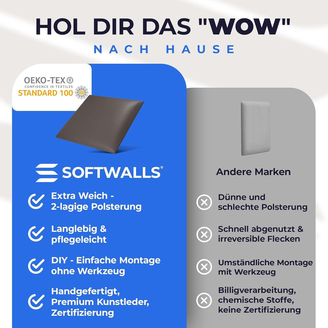 softwalls Wandkissen Leder mit 50mm Polsterung - Bett Kopfteil Wandpolster - Wandverkleidung - Wandp
