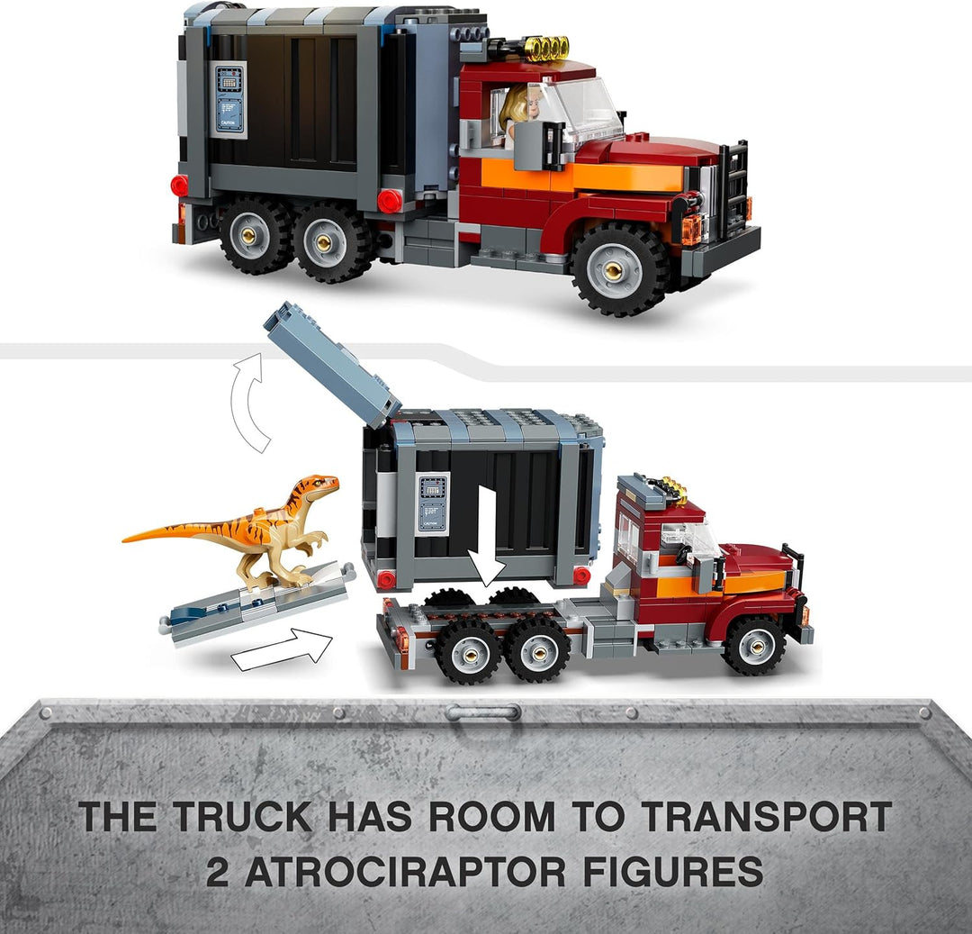 LEGO 76948 Jurassic World T. Rex & Atrociraptor: Dinosaurier-Ausbruch, Set mit LKW und 4 Minifiguren